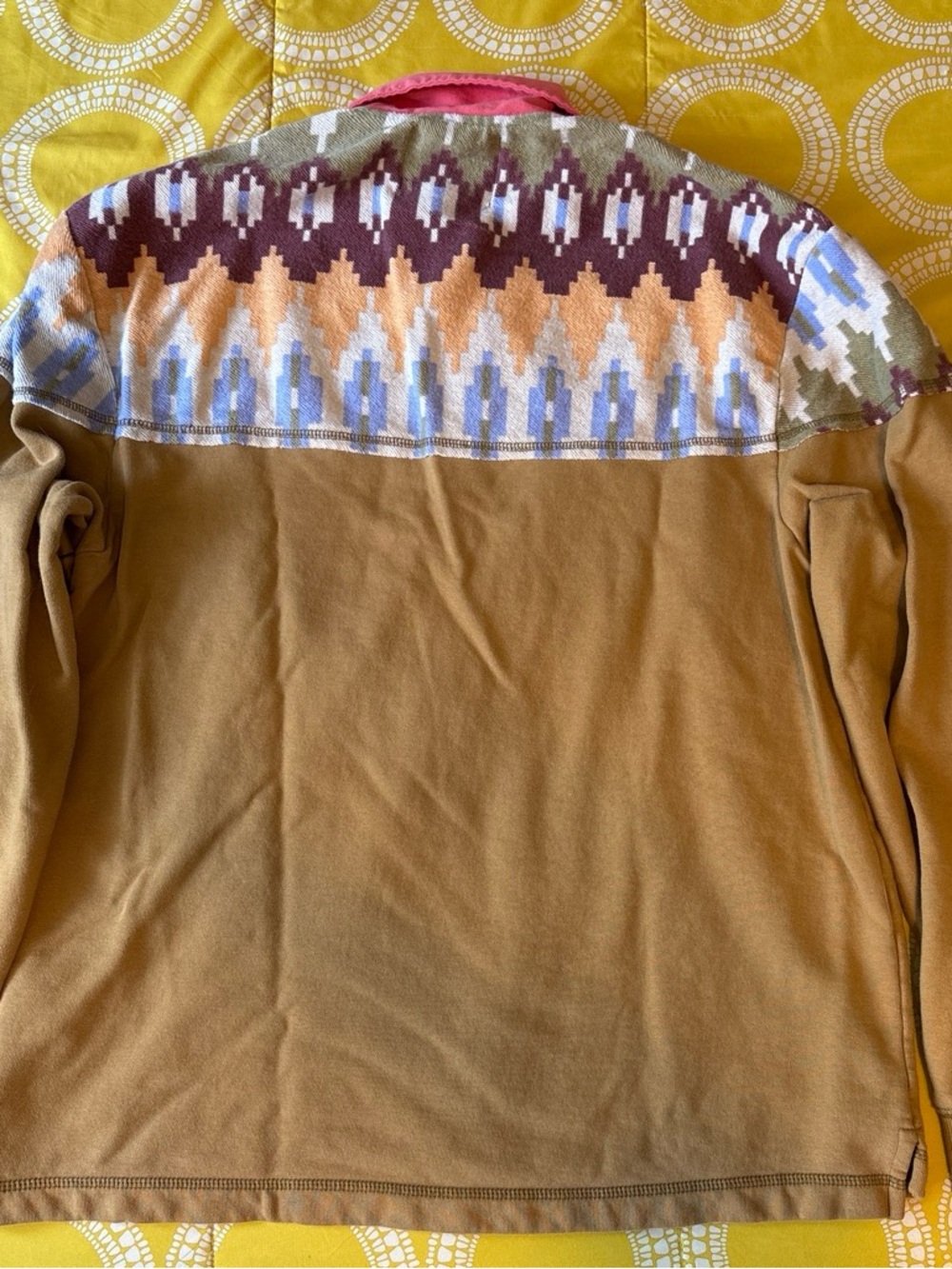 BDG Urban Outfitters Camel Rugby Polo with Pink Collar and Multi-Pattern Yoke - Picture 5 of 5
